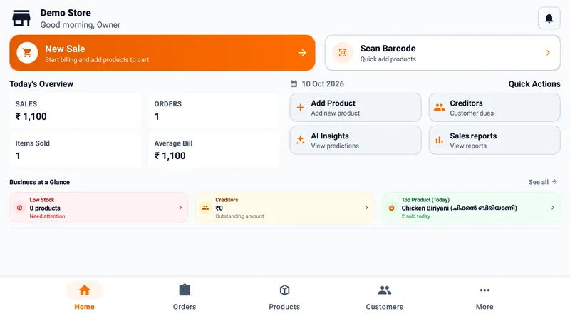 Dataflee POS home screen showing today's sales, orders, low stock and creditors