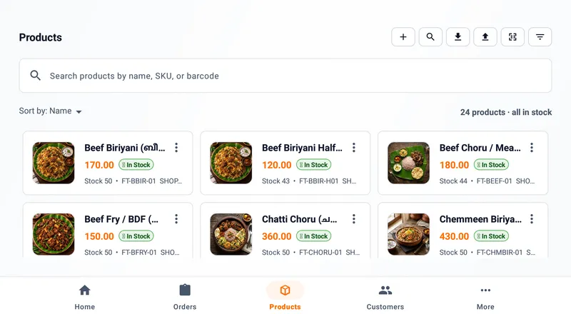 Dataflee POS products screen showing items with photos, prices and stock counts